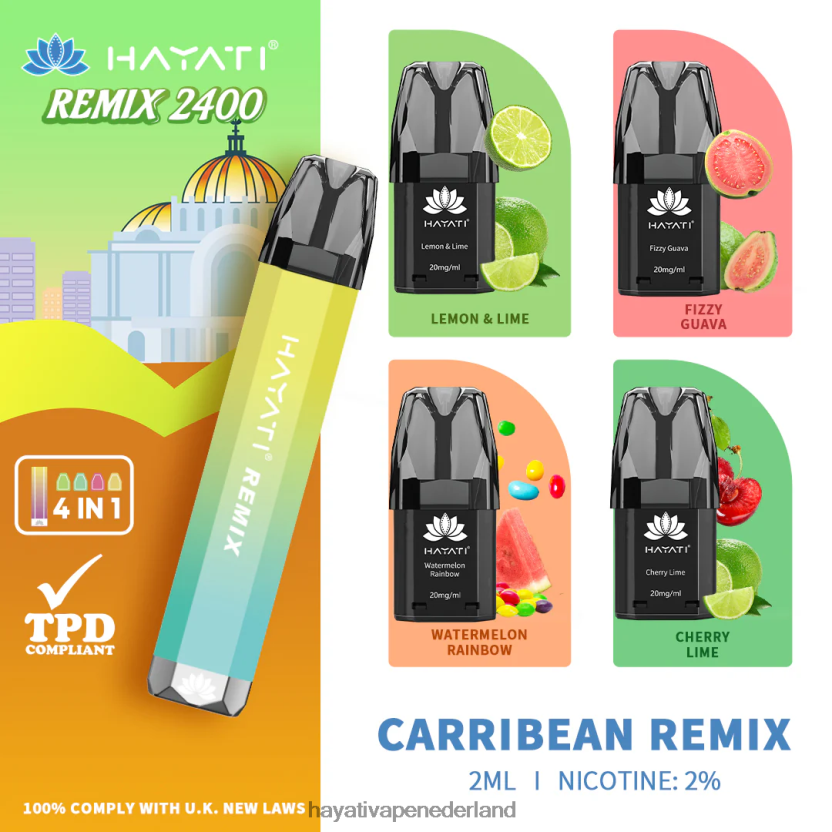 Hayati Remix voorgevuld podsysteem 2400 trekjes Caribische remix XX66X52 Hayati Amsterdam