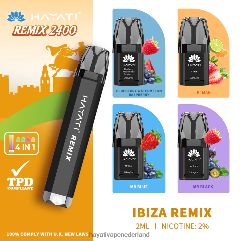 Hayati Remix voorgevuld podsysteem 2400 trekjes Ibiza-remix XX66X55 Hayati Vape Nicotine
