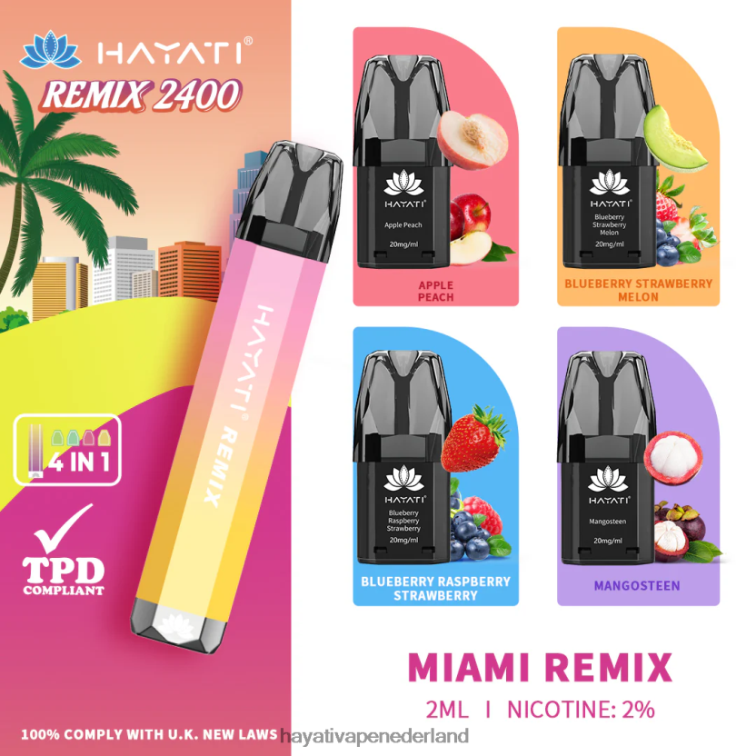 Hayati Remix voorgevuld podsysteem 2400 trekjes Miami-remix XX66X56 Hayati Flavours
