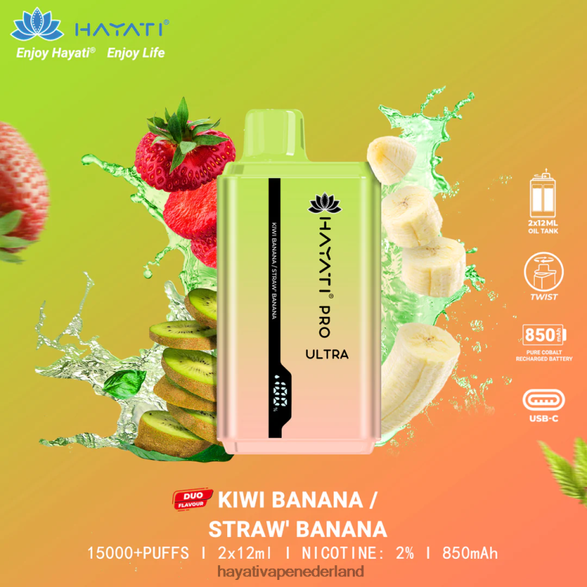 Hayati Pro Ultra wegwerpbare 15.000 trekjes Kiwi banaan/aardbei banaan XX66X222 Hayati Amsterdam