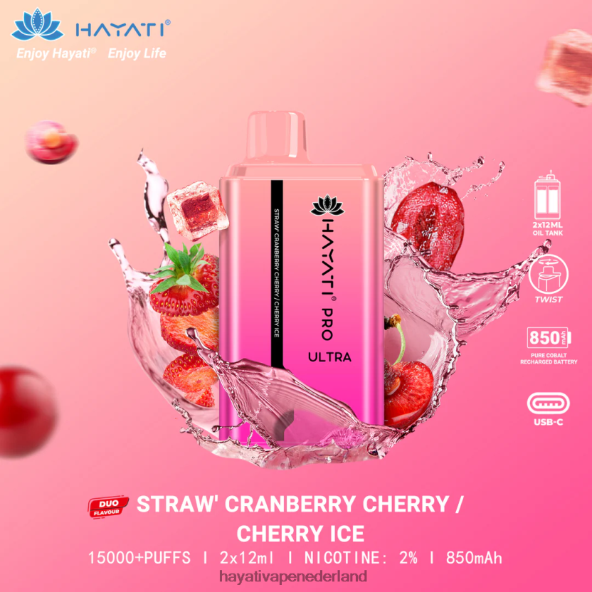 Hayati Pro Ultra wegwerpbare 15.000 trekjes aardbei cranberry kers-kers ijs XX66X225 Hayati Vape Nicotine