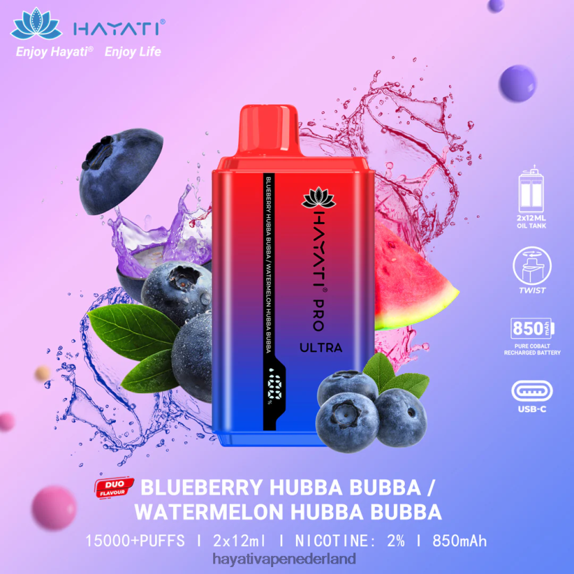 Hayati Pro Ultra wegwerpbare 15.000 trekjes bosbessen hubba bubba/watermeloen hubba bubba XX66X217 Hayati Flavour List