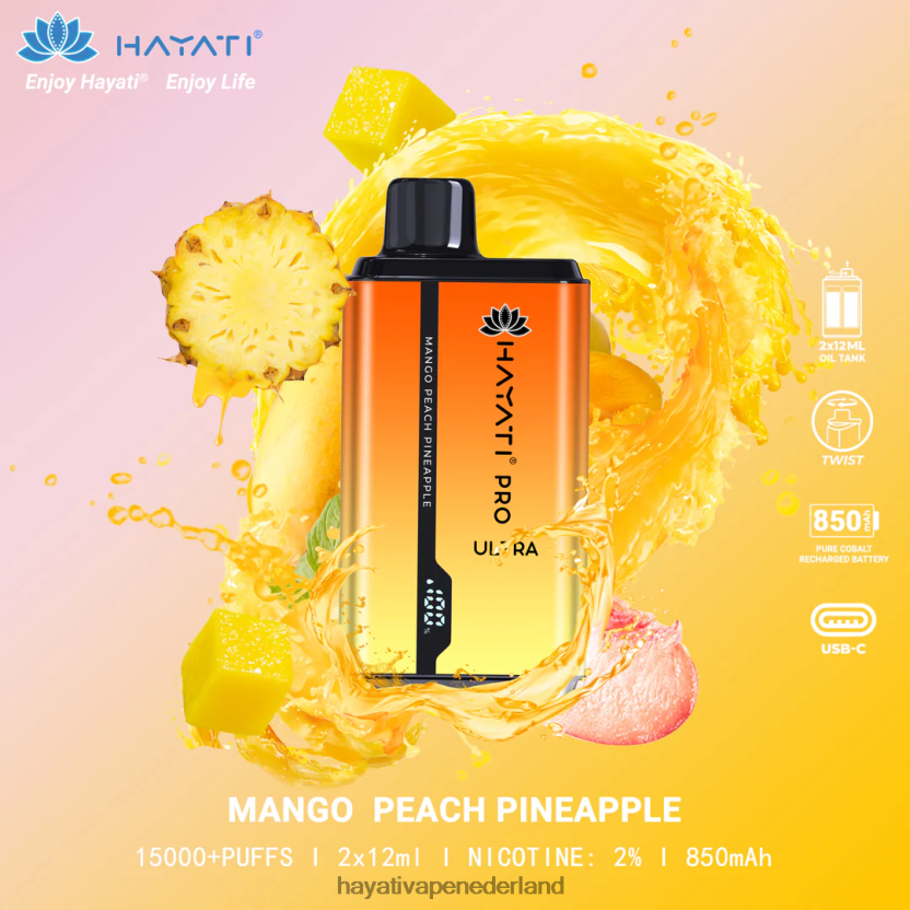Hayati Pro Ultra wegwerpbare 15.000 trekjes mango perzik ananas XX66X204 Hayati Vape Review
